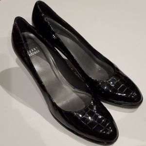 Stuart Weitzman 9 N Black Patent Croc Leather Heel